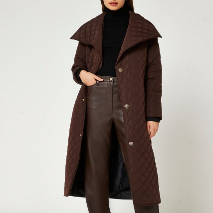 RIVER ISLAND Brown longline quilted padded coat ~ women’s oversized collar coats - flipped