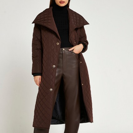 RIVER ISLAND Brown longline quilted padded coat ~ women’s oversized collar coats
