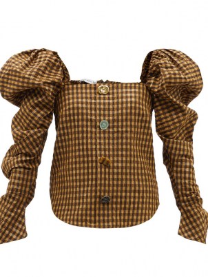 REJINA PYO Maya puff-sleeve seersucker blouse in brown – checked blouses - flipped