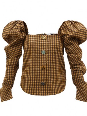 REJINA PYO Maya puff-sleeve seersucker blouse in brown – checked blouses