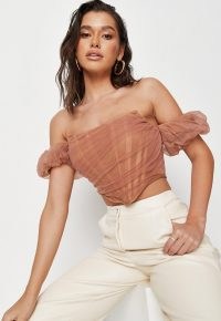 Missguided brown mesh puff sleeve overlay corset top | fitted crop tops | bardot fashion | off the shoulder