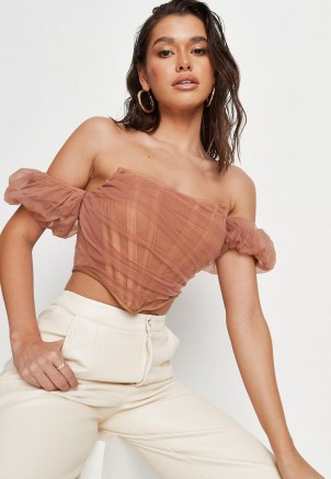 Missguided brown mesh puff sleeve overlay corset top | fitted crop tops | bardot fashion | off the shoulder - flipped