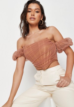 Missguided brown mesh puff sleeve overlay corset top | fitted crop tops | bardot fashion | off the shoulder