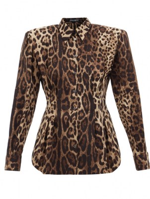 DOLCE & GABBANA Padded-shoulders leopard-print silk-blend blouse / glamorous structured animal print blouses / womens designer fashion