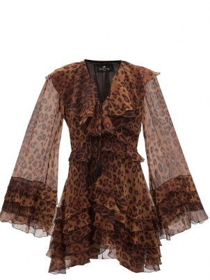 ETRO Palm Springs ruffled leopard-print silk dress ~ brown sheer sleeve ruffle dresses ~ animal prints ~ womens romantic fashion - flipped