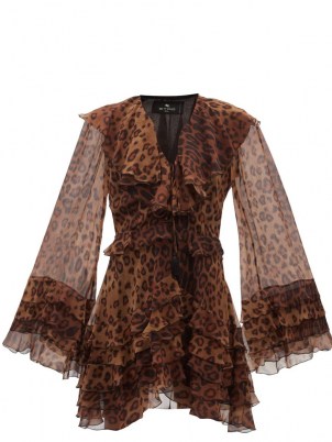 ETRO Palm Springs ruffled leopard-print silk dress ~ brown sheer sleeve ruffle dresses ~ animal prints ~ womens romantic fashion