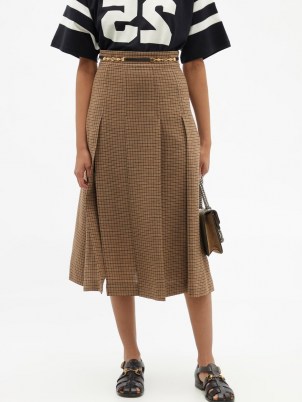 GUCCI Pleated checked linen midi skirt in brown | check print skirts - flipped