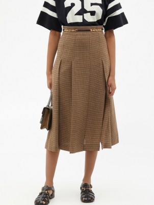 GUCCI Pleated checked linen midi skirt in brown | check print skirts
