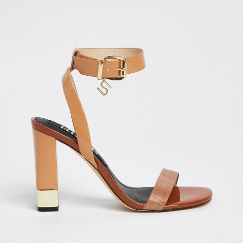 RIVER ISLAND Brown RI strap snake print block heels ~ barely there ankle strap high heel sandals ~ womens on trend shoes - flipped