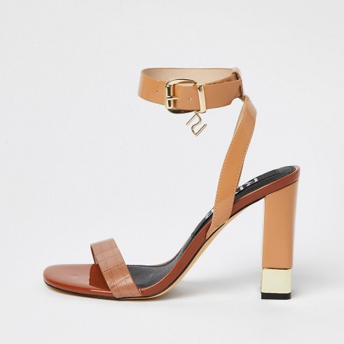 RIVER ISLAND Brown RI strap snake print block heels ~ barely there ankle strap high heel sandals ~ womens on trend shoes