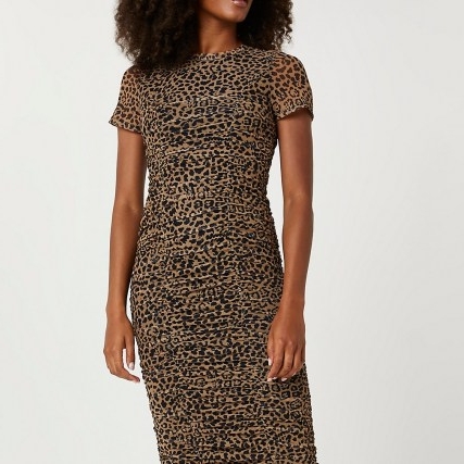 RIVER ISLAND Brown ruched leopard print midi dress ~ animal prints ~ short sleeve gathered dresses