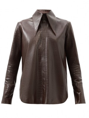 16ARLINGTON Seymour brown crocodile-effect leather shirt / womens croc embossed shirts / oversized pointed collar - flipped