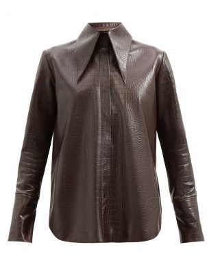 16ARLINGTON Seymour brown crocodile-effect leather shirt / womens croc embossed shirts / oversized pointed collar