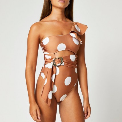RIVER ISLAND Brown spot print one shoulder ruffle swimsuit – womens glamorous swimwear - flipped