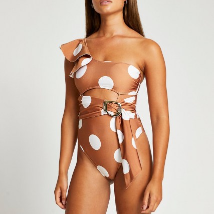 RIVER ISLAND Brown spot print one shoulder ruffle swimsuit – womens glamorous swimwear
