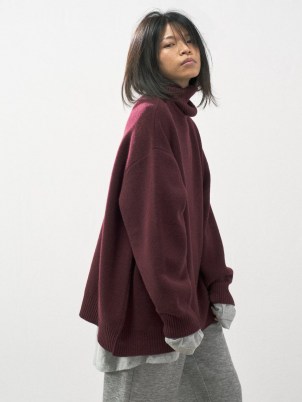 RAEY Displaced-sleeve roll-neck burgundy wool sweater / women’s oversized slouchy sweaters / womens slouch style jumpers - flipped
