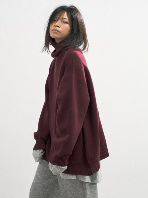 RAEY Displaced-sleeve roll-neck burgundy wool sweater / women’s oversized slouchy sweaters / womens slouch style jumpers