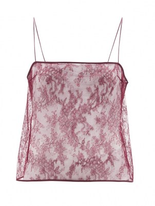 KHAITE Sadie burgundy square-neck floral-lace tank top ~ spaghetti strap sheer overlay cami ~ lightweight camisole tops - flipped