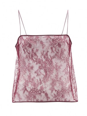 KHAITE Sadie burgundy square-neck floral-lace tank top ~ spaghetti strap sheer overlay cami ~ lightweight camisole tops