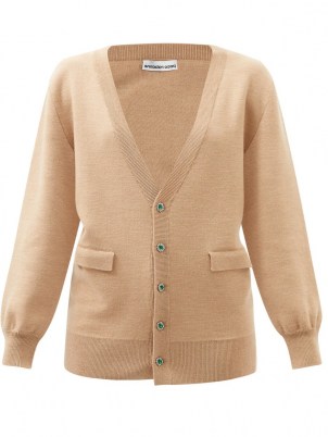 PACO RABANNE Crystal-button wool-blend cardigan ~ light brown embellished button front cardigans ~ womens designer knitwear - flipped