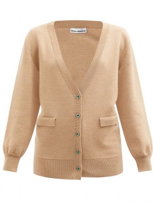 PACO RABANNE Crystal-button wool-blend cardigan ~ light brown embellished button front cardigans ~ womens designer knitwear