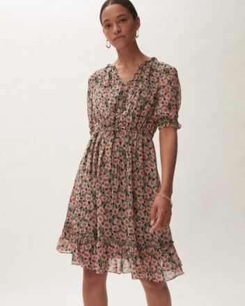 JIGSAW CAMELLIA CRINKLE DRESS / green floral print tea dresses - flipped