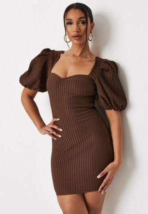 MISSGUIDED chocolate rib puff sleeve bandage mini dress ~ sweetheart neckline bodycon dresses - flipped