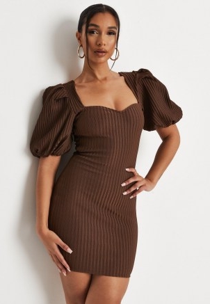 MISSGUIDED chocolate rib puff sleeve bandage mini dress ~ sweetheart neckline bodycon dresses