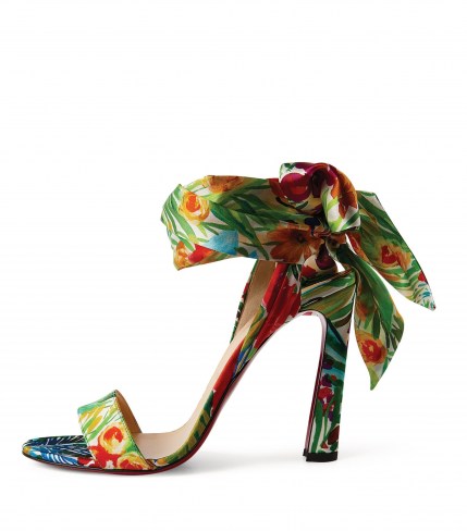 CHRISTIAN LOUBOUTIN Crosse du Désert Satin Crepe Sandals 100 / colourful floral print ankle tie barely there high heels - flipped