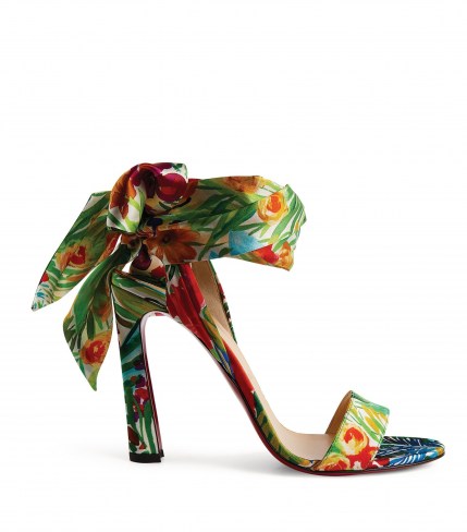 CHRISTIAN LOUBOUTIN Crosse du Désert Satin Crepe Sandals 100 / colourful floral print ankle tie barely there high heels