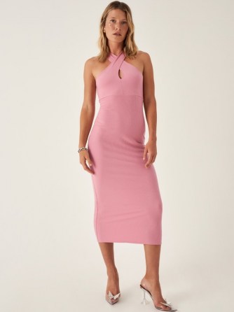 REFORMATION Cita Dress in Ladies Room ~ pink knit halterneck dresses ~ halter fashion
