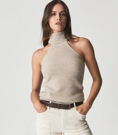 Reiss CLEM SLEEVELESS ROLL NECK OATMEAL | sleeveless high neck knitted tops | chic neutral knits | womens stylish knitwear - flipped