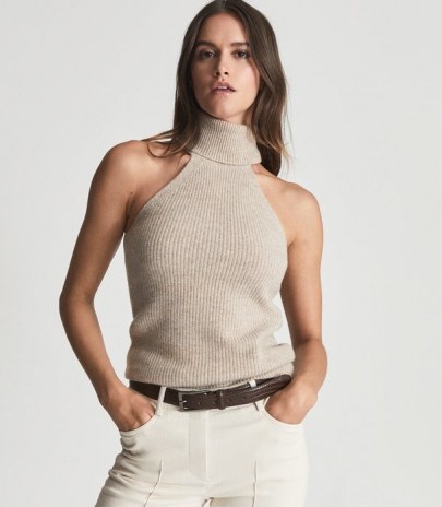 Reiss CLEM SLEEVELESS ROLL NECK OATMEAL | sleeveless high neck knitted tops | chic neutral knits | womens stylish knitwear