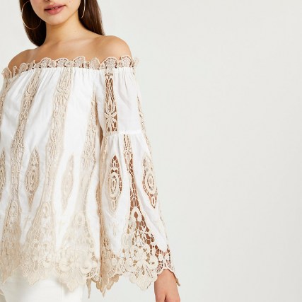 RIVER ISLAND Cream lace bardot top – semi sheer off the shoulder tops – feminine fashion