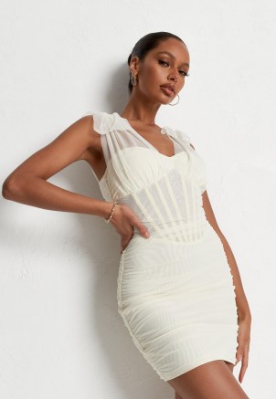 Missguided cream mesh tie shoulder corset mini dress | semi sheer luxe style going out dresses | ruched evening fashion - flipped