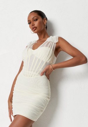 Missguided cream mesh tie shoulder corset mini dress | semi sheer luxe style going out dresses | ruched evening fashion