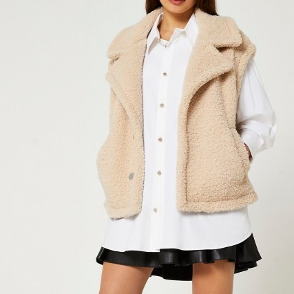 RIVER ISLAND Cream short boxy shearling gilet ~ womens textured gilets ~ neutral sleeveless jackets