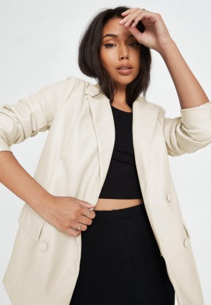 MISSGUIDED cream soft faux leather oversized blazer ~ womens on trend jackets ~ women’s fashionable luxe style blazers - flipped