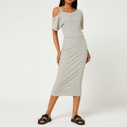 RIVER ISLAND Cream stripe one shoulder midi dress – summer day dresses – casual fashion - flipped
