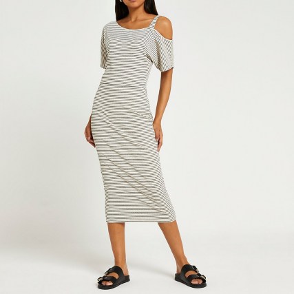 RIVER ISLAND Cream stripe one shoulder midi dress – summer day dresses – casual fashion