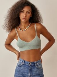 REFORMATION Dante Cashmere Bra in Eucalyptus ~ green knitted spaghetti strap bras ~ loungewear bralets ~ strappy casual knit crop tops