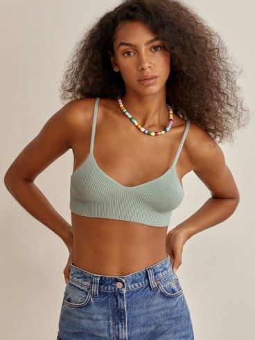 REFORMATION Dante Cashmere Bra in Eucalyptus ~ green knitted spaghetti strap bras ~ loungewear bralets ~ strappy casual knit crop tops - flipped