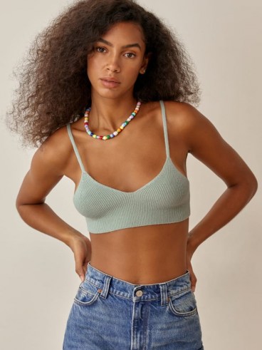 REFORMATION Dante Cashmere Bra in Eucalyptus ~ green knitted spaghetti strap bras ~ loungewear bralets ~ strappy casual knit crop tops