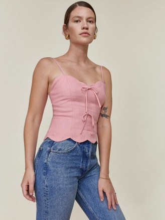 REFORMATION Doppio Linen Top Carnation / pink fitted bodice spaghetti strap tops - flipped
