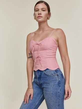 REFORMATION Doppio Linen Top Carnation / pink fitted bodice spaghetti strap tops