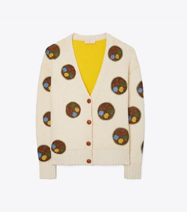 TORY BURCH DOUBLE-FACED FLORAL DOT CARDIGAN / womens crochet detail front button up cardigans / women’s luxe designer knitwear