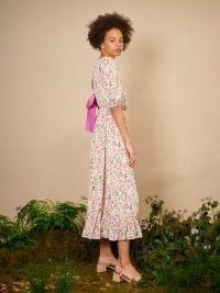 sister jane THE IVY TRAIL Forest Fauna Midi Dress Pink, Cream Green ~ floral open back bow detail dresses ~ ruffle tiered hem