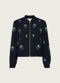 L.K. BENNETT ELLIOT NAVY CREPE EMBELLISHED BOMBER JACKET ~ womens casual floral sequinned zip front jackets