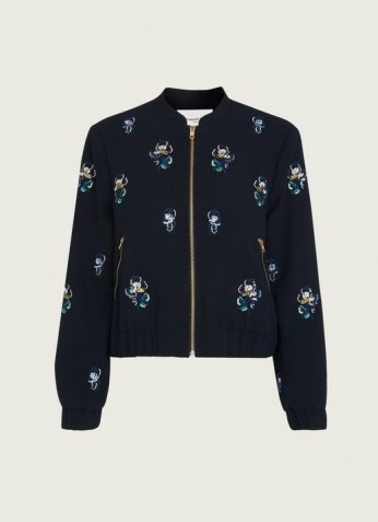 L.K. BENNETT ELLIOT NAVY CREPE EMBELLISHED BOMBER JACKET ~ womens casual floral sequinned zip front jackets - flipped