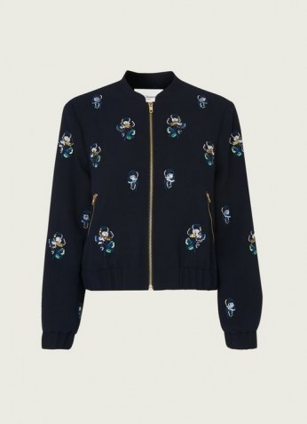 L.K. BENNETT ELLIOT NAVY CREPE EMBELLISHED BOMBER JACKET ~ womens casual floral sequinned zip front jackets